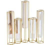 Generic Hinged Flower Vase Test Tube Flower Vase with Metal Stand Racks Folding Gold Flower Stand Clear Gold Test Tube Vases for Flowers Wedding Table Home Decor, 5PCS
