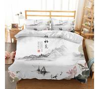 Generic Ink Painting Duvet Cover 160x200 cm, 3D Print Chinese Characters Duvet Covers Ink Painting Single Bedding Set Soft Microfibre Quilt Cover with Pillowcases and Zipper H1472