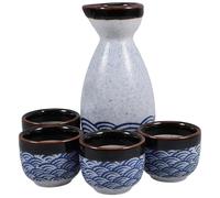 Generic Japanese Sake Set 5pcs Ceramic Pot and Cups 180Ml Bottle, 35Ml Glasses with Blue Wave Pattern for Home Dining and Party Entertainment