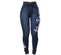 Generic JIER Stretch Jeans for Women UK Embroidery Rose High Waist Butt Lift Denim Pants Flower Slim Sexy Skinny Jegging Trousers Blue, Large