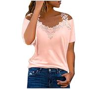 Generic Lace Tops for Women UK Clearance Cold Shoulder Summer Casual V Neck T Shirt Ladies Plus Size Short Sleeve Oversized Tshirts Plain Casual Loose Tunic Tops