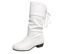 Generic Ladies Fashion Solid Color Pleated Leather Bow Tie Back Thick Heel Medium Boots Womens Extra Wide Calf Boots (White, 4.5)
