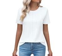 Generic Ladies Summer Tops, Womens Casual Crew Neck Short Sleeve Pleated Tops Blouses Fashion Clothes 2024 New Shirts Tunic Tops for Women UK Crewneck Casual T-Shirts Sales Daily Essentials White