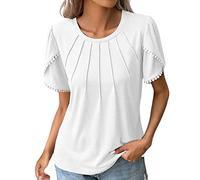 Generic Ladies Summer Tops, Womens Casual Crew Neck Short Sleeve Pleated Tops Blouses Fashion Clothes 2024 New Shirts Tunic Tops for Women UK Crewneck Casual T-Shirts Sales Daily (240322A-White, XL)