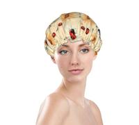 Generic Ladybug And Flower Print Shower Cap, Waterproof Reusable Bath Caps For Women Hair, Double Layers Elastic Shower Hat Hair Protection