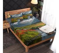 Generic Landscape Fitted Sheet, Bear Mountains and Rivers Bed Sheets Single Size, 1 Pillowcase - 30 cm Deep Pocket, Soft Microfiber Patterned Bedding Bedroom Decor - CHQ662