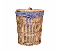 Generic Large Laundry Basket Wicker Hamper Bin With Lid Liner Organizer Storage Round Woven With Discreet Cover And Textile Lining suitable for bedroom, Large, Blue And White Gingham Liner