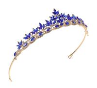 Generic Leaf Shape Rhinestone Bridal Crown Headband, Handmade Gold Blue Crystal Tiara for Wedding, Bride Hair Accessory Suitable for Ceremonies and Photoshoots