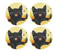 Generic Lemon Black Cat Print Drinks Round Coaster With Cork Base,Set Of 4 Coasters,Tabletop Protection Mat For Mugs And Cups