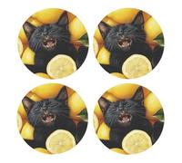 Generic Lemon Black Cat Print Drinks Round Coaster With Cork Base,Set Of 4 Coasters,Tabletop Protection Mat For Mugs And Cups