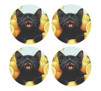 Generic Lemon Black Cat Print Drinks Round Coaster With Cork Base,Set Of 4 Coasters,Tabletop Protection Mat For Mugs And Cups