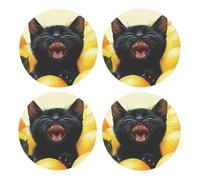 Generic Lemon Black Cat Print Drinks Round Coaster With Cork Base,Set Of 4 Coasters,Tabletop Protection Mat For Mugs And Cups