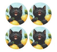 Generic Lemon Black Cat Print Drinks Round Coaster With Cork Base,Set Of 4 Coasters,Tabletop Protection Mat For Mugs And Cups