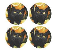 Generic Lemon Black Cat Print Drinks Round Coaster With Cork Base,Set Of 4 Coasters,Tabletop Protection Mat For Mugs And Cups