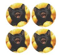 Generic Lemon Black Cat Print Drinks Round Coaster With Cork Base,Set Of 4 Coasters,Tabletop Protection Mat For Mugs And Cups