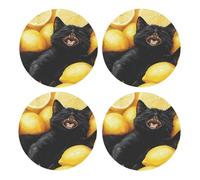 Generic Lemon Black Cat Print Drinks Round Coaster With Cork Base,Set Of 4 Coasters,Tabletop Protection Mat For Mugs And Cups