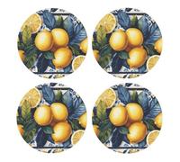 Generic Lemon Print Drinks Round Coaster With Cork Base,Set Of 4 Coasters,Tabletop Protection Mat For Mugs And Cups