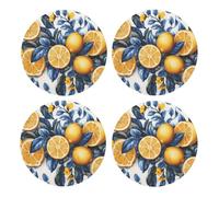 Generic Lemon Print Drinks Round Coaster With Cork Base,Set Of 4 Coasters,Tabletop Protection Mat For Mugs And Cups