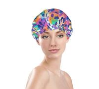 Generic Leopard Rainbow Print Shower Cap, Waterproof Reusable Bath Caps For Women Hair, Double Layers Elastic Shower Hat Hair Protection