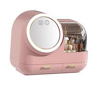 Generic Luxurious LED Mirror Fan Makeup Case with 18L Capacity, Convenient Drawers for Organizing Makeup and Accessories, Durable ABS Plastic Material, for Enthusiasts, 14.6 X 12.2 X 7.9in (Pink)