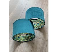 Generic Luxury Peacock Feather Pattern and Teal Velvet Double Sided Drum Lampshade Pendant Light Shade (20cm d x 18cm h)