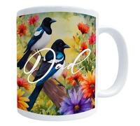 Generic Magpie Art Mug, Personalised 11 Oz Floral Bird Art Ceramic Coffee Cup, Custom Gift, MU001
