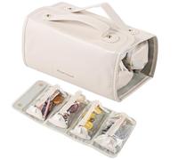 Generic Makeup Bag for Travel, Portable Makeup Organizer Bag, Beige Leather Large Folding Design with Expandable Capacity for Travel and Storage