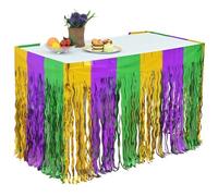 Generic Mardi Gras Table Skirt, 75 X 275 cm/29.5 X 108 in, Metallic Streamer Design, Colorful Violet Green Gold, Disposable Aluminum Foil Table Cover for Parties, Festivals, and Celebrations