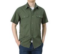 Generic Men's 100% Cotton Green Military Style Solid Short Sleeve Shirt, Size L, Fitted, Button Down Collar, Round Cut Cuff, 1 count
