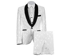 Generic Men's 3 Piece Jacquard Suit 1 Button Shawl Lapel Paisley Tuxedo Set Stylish Slim Jacket Vest Pants with Bow Tie (M,White)