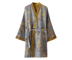 Generic Men's Bathrobe Japanese Pyjamas Classic Floral Dressing Gown Cotton Robe Loose Jacquard Nightgown Pyjamas Vintage Style Medium Length Kimono Robe Summer Long Sleeve House Robes, O Light Green