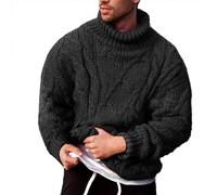 Generic Men's Black Cable Knit Chunky Fisherman Sweater Turtleneck Long Sleeve Pullover Knitwear Thicken Thermal Wool Jumper Tops Autumn Winter Warm Solid Color Casual Oversized Crew Neck
