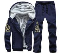 Generic Men's Blue Fleece Lined Tracksuit Set, Warm Hoodie And Joggers, Winter Thermal Sportswear, Soft Sherpa Lining Athletic Suit, Casual Zip-Up Sweatshirt And Pants, Insulated Jogging Outfit