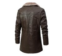 Generic Men's Brown Leather Winter Trench Coat, Long Sleeve, Size L, Faux Fur Collar, Biker Style, Loose Fit, Sherpa Lined, Water Resistant, Solid Pattern, Long Length