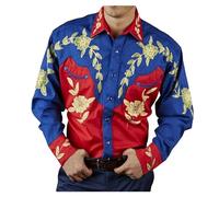 Generic Men's Casual Shirt Printed Long-Sleeved Western Cowboy Shirt Button Down Slim Fit Work Shirt Rose Red
