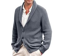 Generic Men's Casual Thick Knitted Shawl Collar Cardigan Sweater, Grey, Long Sleeve, Winter, Vintage Style, Cotton, Shawl Collar, Cardigan