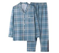 Generic Men's Dark Blue Check Pyjama 2-Piece Set, Long Sleeve Top & Pyjama Bottom Nightwear Loungewear, Size 5XL