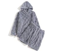 Generic Men's Fleece Pyjama Set Two-Piece Cosy Pullover with Hoods + Shorts Warm Winter Sleepwear Fluffy Comfortable House Suit 2-Piece Casual Suit Thick Sleepwear, gray, M