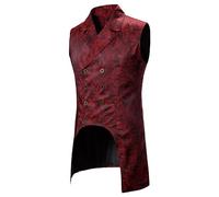Generic Mens Gothic Steampunk Double Breasted Vest Sleeveless Paisley Tailcoat Vest Waistcoat Jacquard Brocade Suit Vest (L,Red)