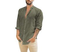 Generic Men's Green Linen Grandad Collar Overshirt, Regular Fit, XXL, Long Sleeve, Button-Down Collar, Solid Color, Spring/Summer