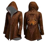 Generic Men's Hooded Jacket in Nordic Viking Style - Coat with Large Wolf Print and Celtic Knots | Asymmetric Jacket for Fans of Mythology, 3XL