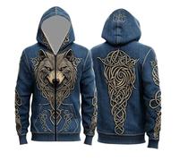 Generic Men's Hoodie with Wolf Design and Celtic Knots - Zip-Up Hoodie in Viking Style with Denim Look | Eye-Catching Jacket for Fans of Norse Mythology, XL