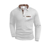 Generic Mens Long Sleeve Polo Shirt Checked Pattern Patchwork Design Casual Sports Top for Winter, White, M
