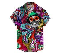 Generic Men's Multicolour Cartoon Skull Pattern Tropical Hawaiian Short Sleeve Polo Shirt - Medium