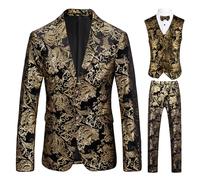 Generic Men's Notched Lapel Floral 3-Piece Suit Vest Pants Set with Bow Tie Blazer 2 Button Prom Party Tuxedo Suit (XL,Golden)