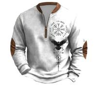 Generic Men's Outdoor Half Zip Sweatshirt, Nordic Mythology Viking Tattoos Hoodie, Soft Warm Work Pullover Without Hood, Men's Gothic Medieval Vintage Plus Size Streetwear, White, L