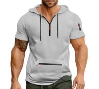 Generic Mens Quarter Zip Hoodies Short Sleeve Tshirts Hooded with Pocket 1/4 Zipper Shirts Sweatshirts Casual Pullover Tops suéter para Hombre para el Frio(Grey, XXL)
