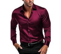 Generic Men's Red Silk Satin Non-Iron Long Sleeve Shirt, Size 3XL, Button Down Collar, Elegant Casual Style, Solid Red, 1 Count, Spring/Summer Season