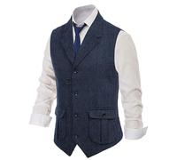 Generic Mens Retro Herringbone Tweed Suit Vest Slim Fit Business Waistcoat Western Wool Regular Fit Dress Waistcoat (M,Navy Blue)
