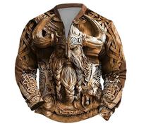 Generic Men's Sweater Outdoor Half Zip Sweatshirt Nordic Mythology Viking Tattoos Hoodie, Men's Gothic Medieval Vintage Plus Size Streetwear, Soft Warm Work Jumper, khaki, M